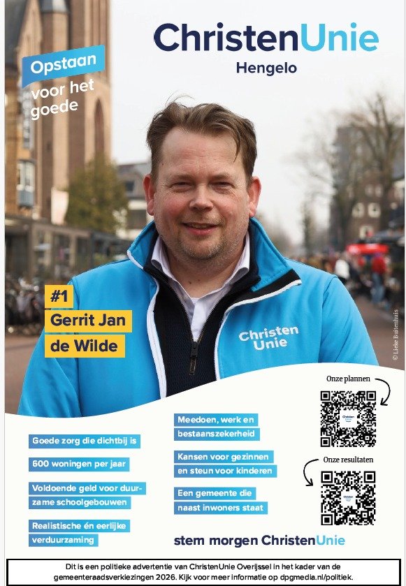 grote advertentie met blijde gezicht van Gerrit Jan de Wilde erop en daaronder de kernpunten van CU Hengelo